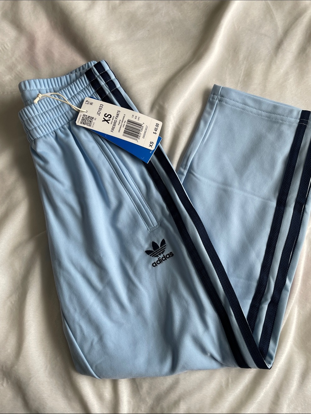 adidas Light Blue Girls Track Joggers with Navy Side Stripes